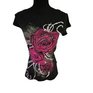 Belle du Tour Pink Rose Graphic Y2K Black T-Shirt Women’s L